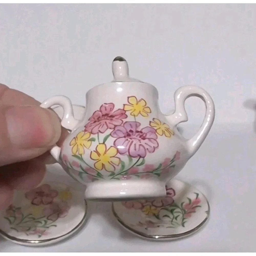 Dollhouse Set Of Miniature Ceramic Plates, Teapot, Cups, & Cream Vintage Flowers
